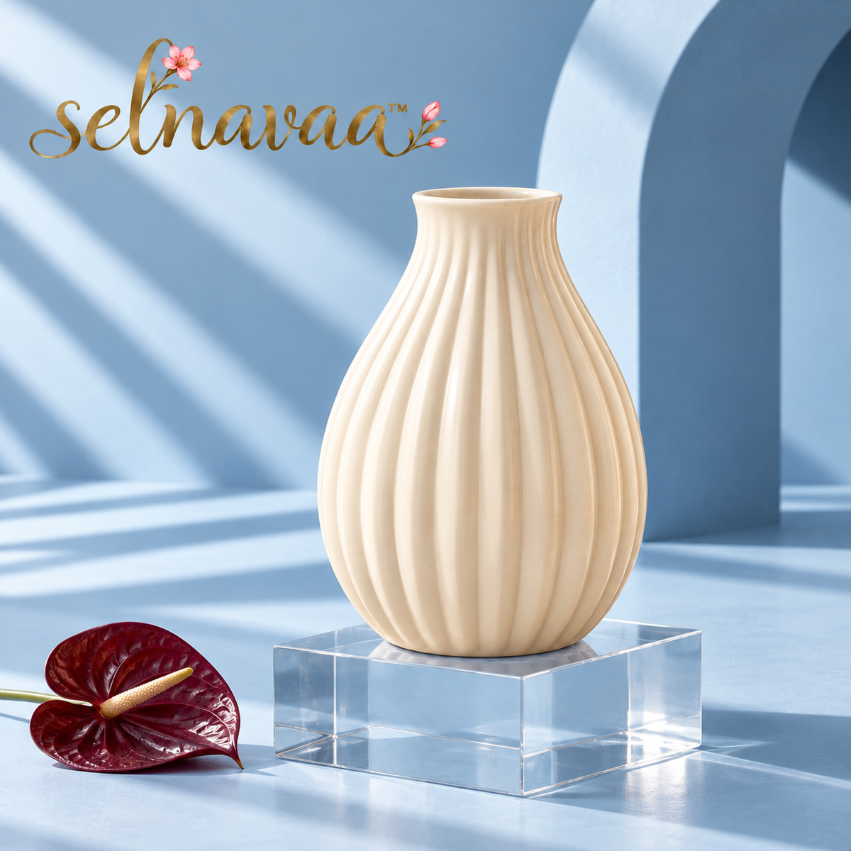 selnavaa™ SoftFold Ribbed Ceramic Vase, 8-Inch Modern Flower Vase for Bouquets, Shelf Styling & Table Centerpieces