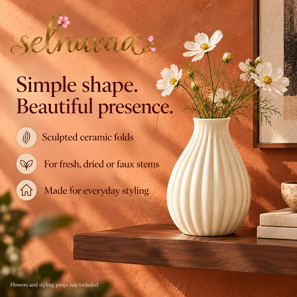 selnavaa™ SoftFold Ribbed Ceramic Vase, 8-Inch Modern Flower Vase for Bouquets, Shelf Styling & Table Centerpieces