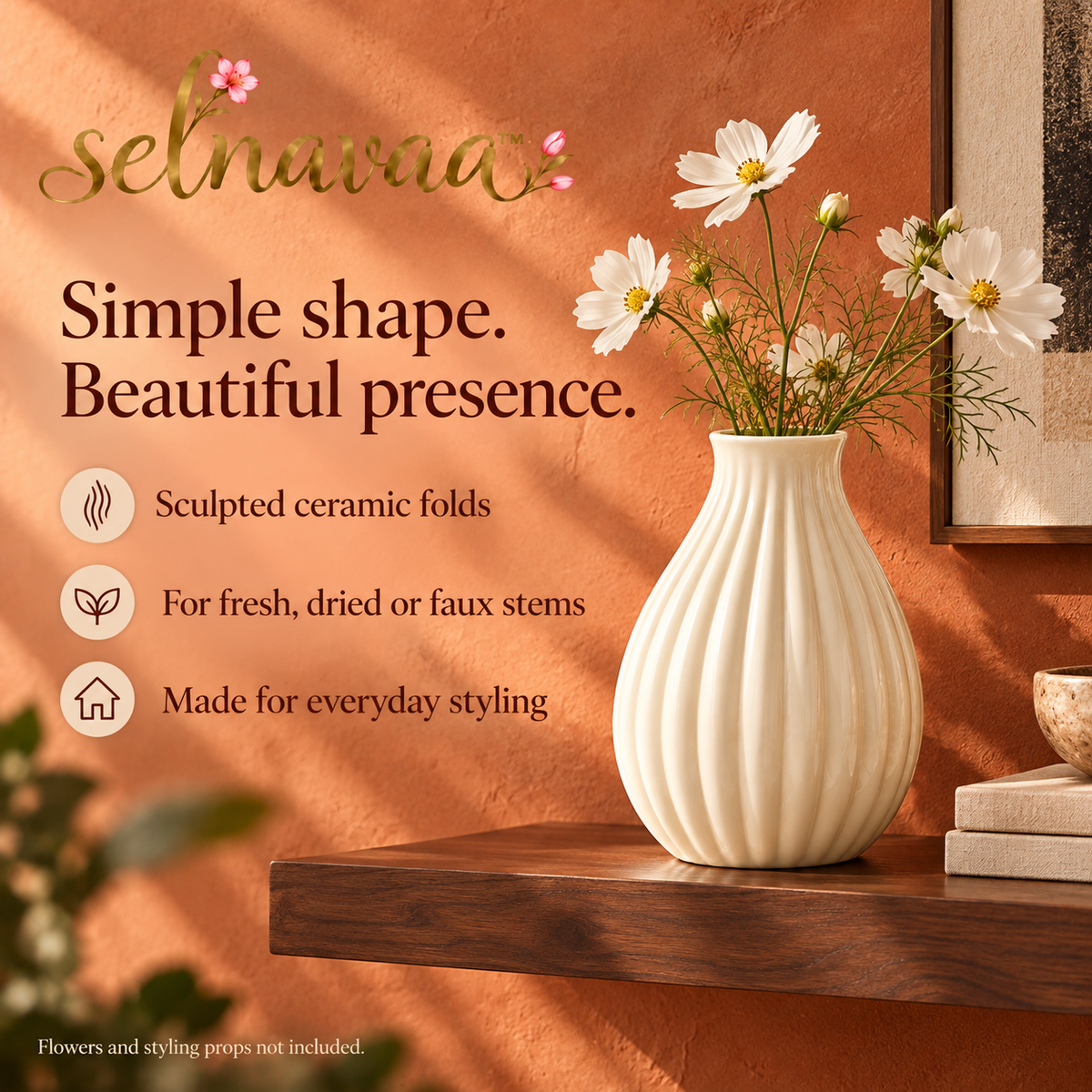 selnavaa™ SoftFold Ribbed Ceramic Vase, 8-Inch Modern Flower Vase for Bouquets, Shelf Styling & Table Centerpieces