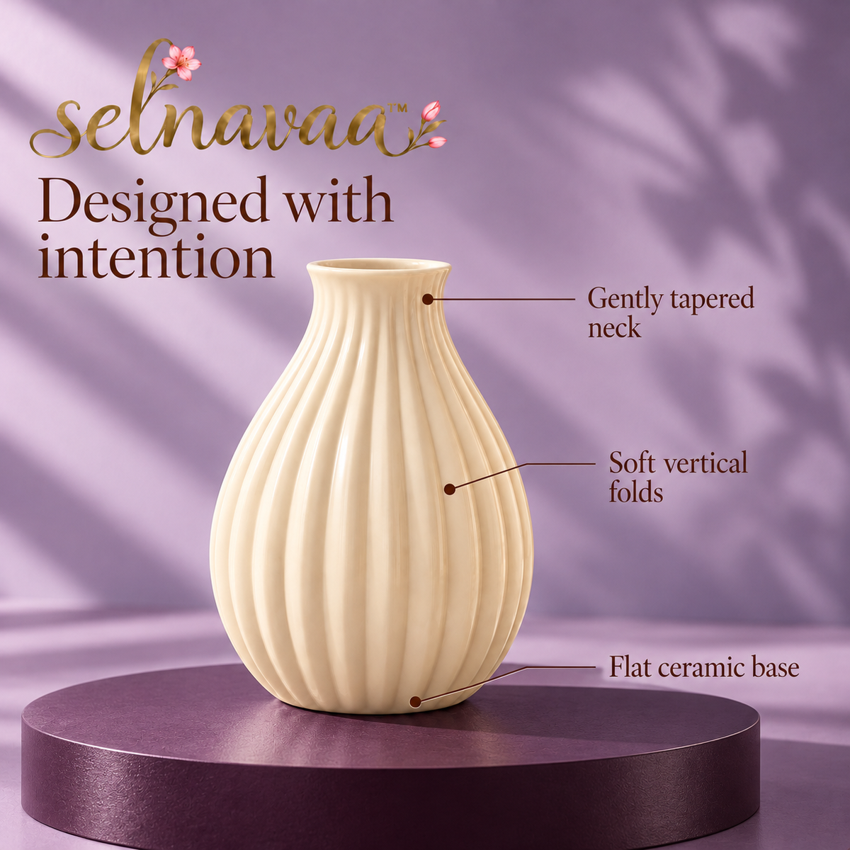 selnavaa™ SoftFold Ribbed Ceramic Vase, 8-Inch Modern Flower Vase for Bouquets, Shelf Styling & Table Centerpieces