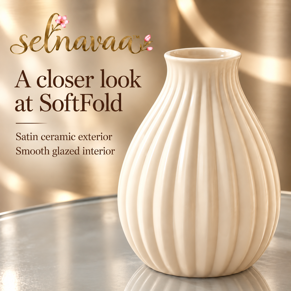 selnavaa™ SoftFold Ribbed Ceramic Vase, 8-Inch Modern Flower Vase for Bouquets, Shelf Styling & Table Centerpieces
