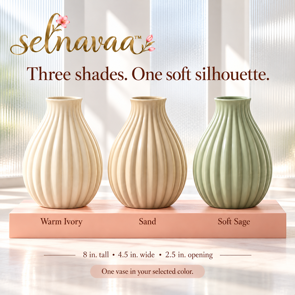 selnavaa™ SoftFold Ribbed Ceramic Vase, 8-Inch Modern Flower Vase for Bouquets, Shelf Styling & Table Centerpieces