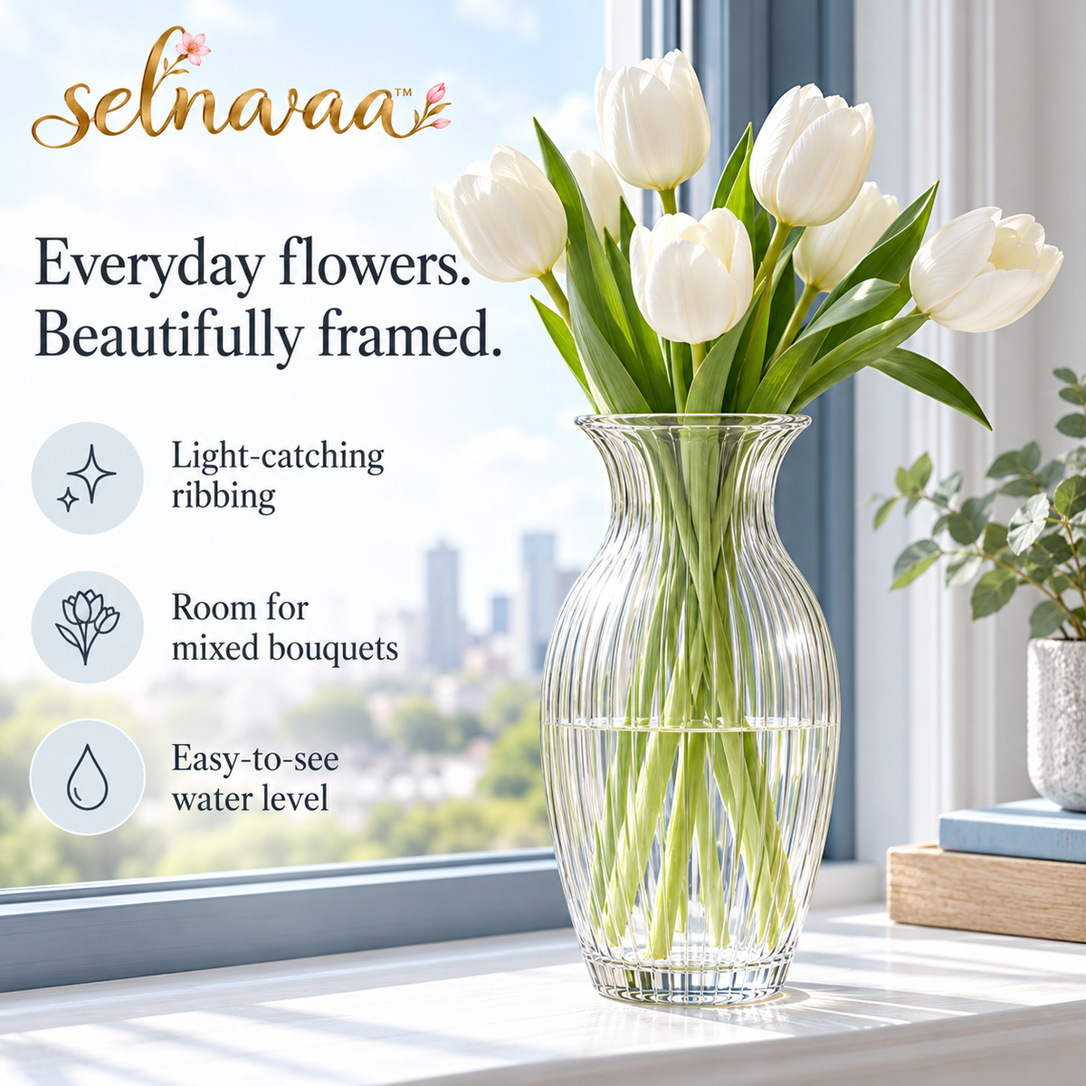 selnavaa™ RippleLight Ribbed Glass Vase, 9-Inch Flared Flower Vase for Fresh Bouquets & Dining Table Decor
