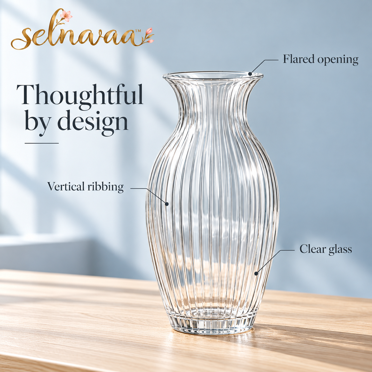 selnavaa™ RippleLight Ribbed Glass Vase, 9-Inch Flared Flower Vase for Fresh Bouquets & Dining Table Decor