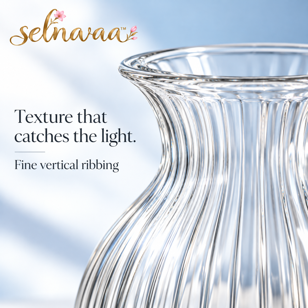 selnavaa™ RippleLight Ribbed Glass Vase, 9-Inch Flared Flower Vase for Fresh Bouquets & Dining Table Decor