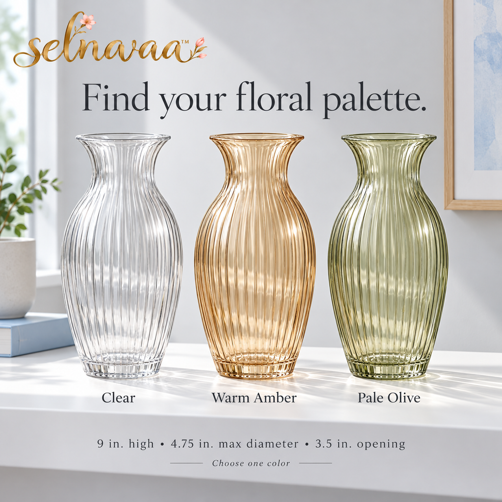 selnavaa™ RippleLight Ribbed Glass Vase, 9-Inch Flared Flower Vase for Fresh Bouquets & Dining Table Decor