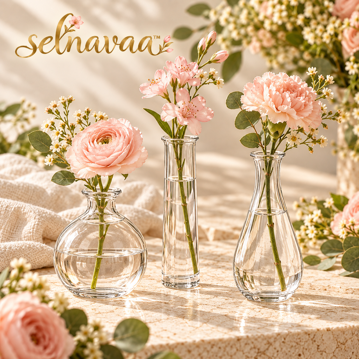 selnavaa™ LittleGather Glass Bud Vase Set of 3, Small Flower Vases for Wedding Centerpieces, Shelves & Table Decor