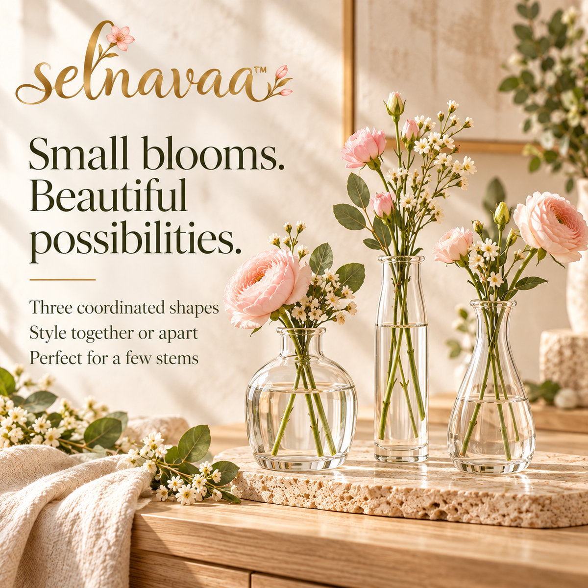 selnavaa™ LittleGather Glass Bud Vase Set of 3, Small Flower Vases for Wedding Centerpieces, Shelves & Table Decor