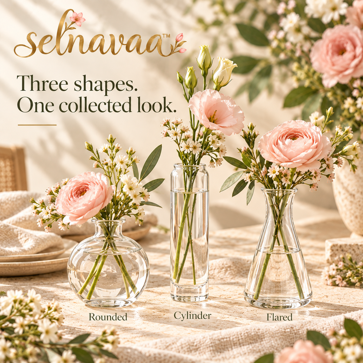 selnavaa™ LittleGather Glass Bud Vase Set of 3, Small Flower Vases for Wedding Centerpieces, Shelves & Table Decor