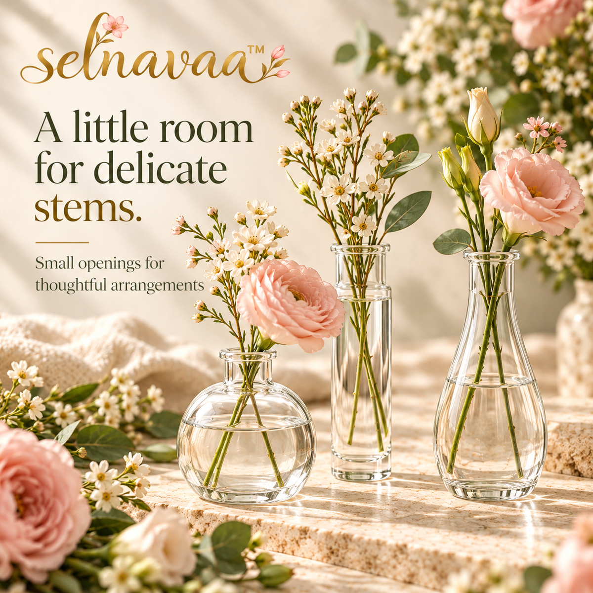 selnavaa™ LittleGather Glass Bud Vase Set of 3, Small Flower Vases for Wedding Centerpieces, Shelves & Table Decor