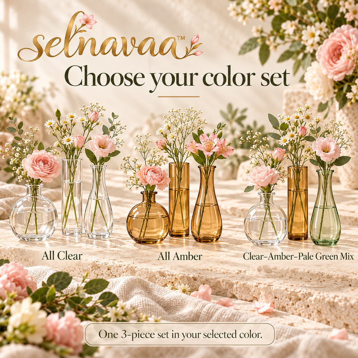 selnavaa™ LittleGather Glass Bud Vase Set of 3, Small Flower Vases for Wedding Centerpieces, Shelves & Table Decor