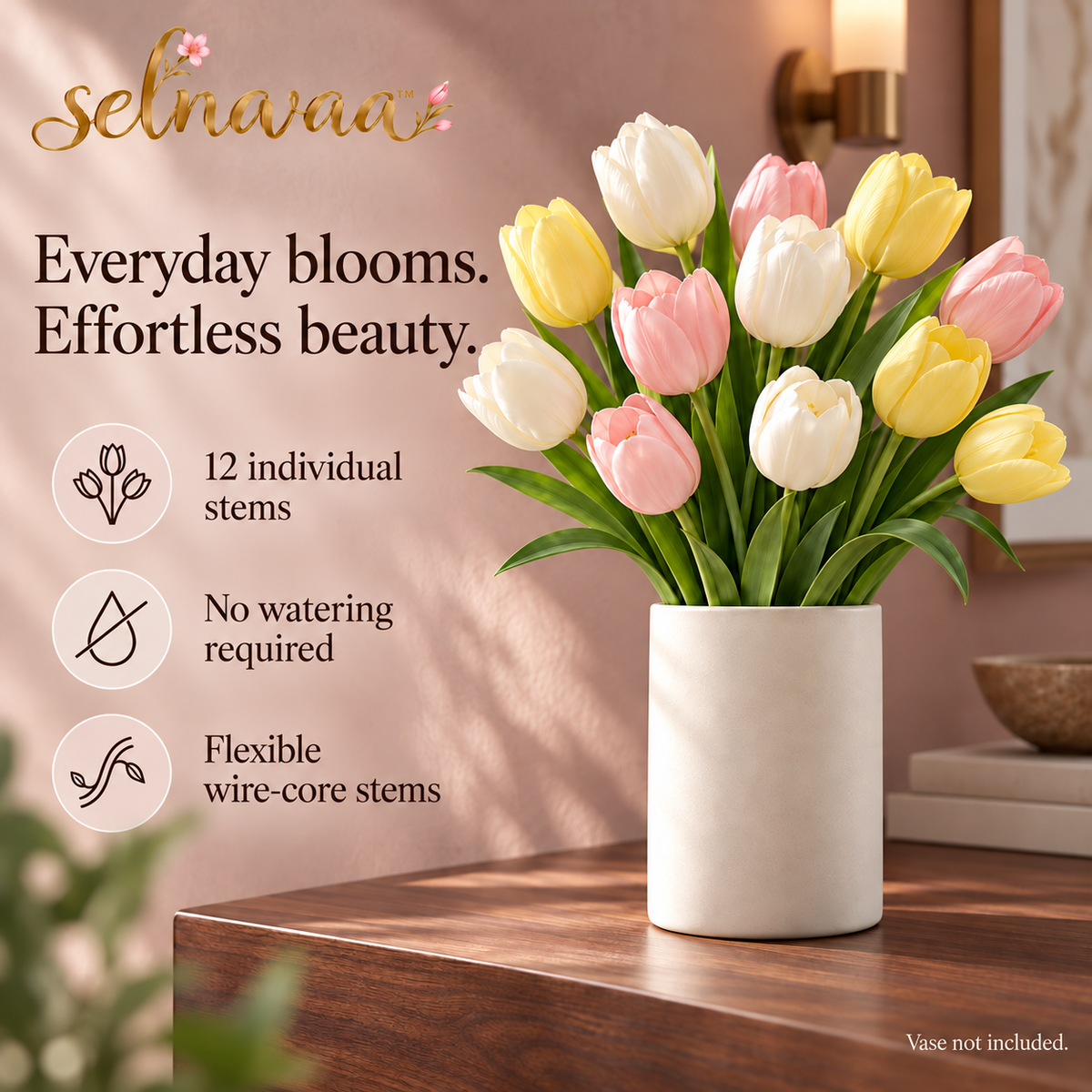 selnavaa™ SpringEase Artificial Tulip Stems, 12-Piece Faux Flower Bouquet for Vases, Spring Decor & Wedding Centerpieces