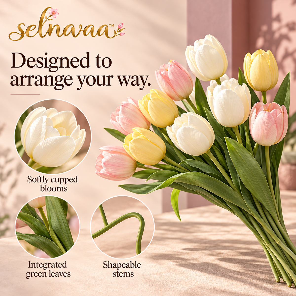 selnavaa™ SpringEase Artificial Tulip Stems, 12-Piece Faux Flower Bouquet for Vases, Spring Decor & Wedding Centerpieces