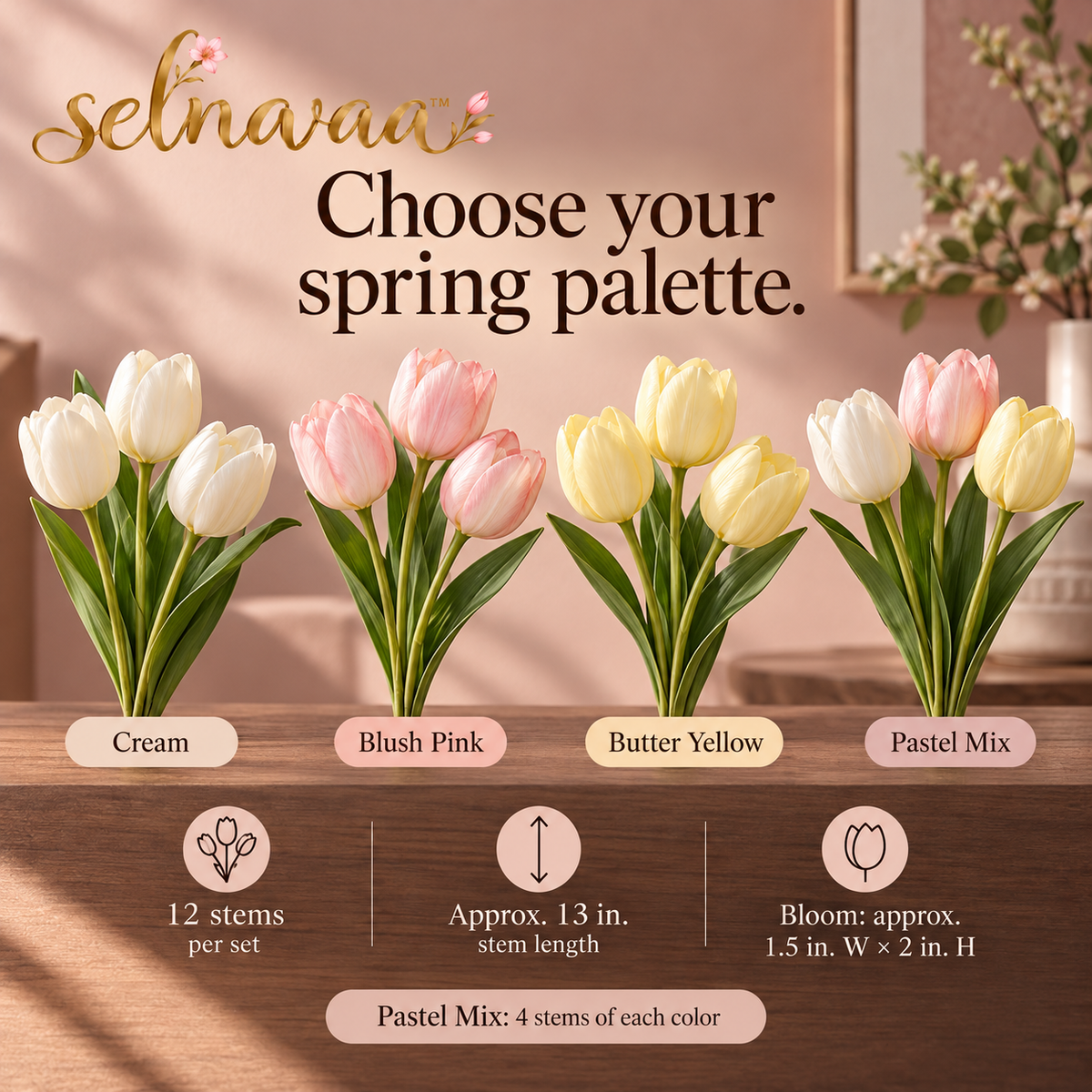 selnavaa™ SpringEase Artificial Tulip Stems, 12-Piece Faux Flower Bouquet for Vases, Spring Decor & Wedding Centerpieces