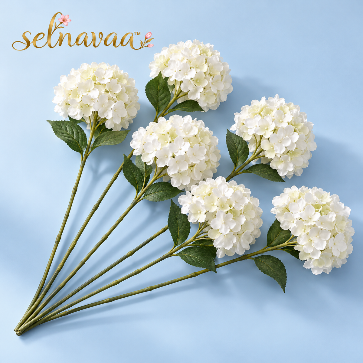 selnavaa™ CloudPetal Artificial Hydrangea Stems, Set of 6 Faux Flowers for Large Vase Arrangements & Table Centerpieces