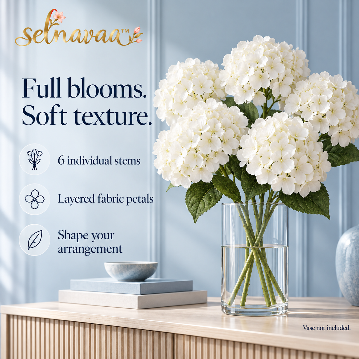 selnavaa™ CloudPetal Artificial Hydrangea Stems, Set of 6 Faux Flowers for Large Vase Arrangements & Table Centerpieces