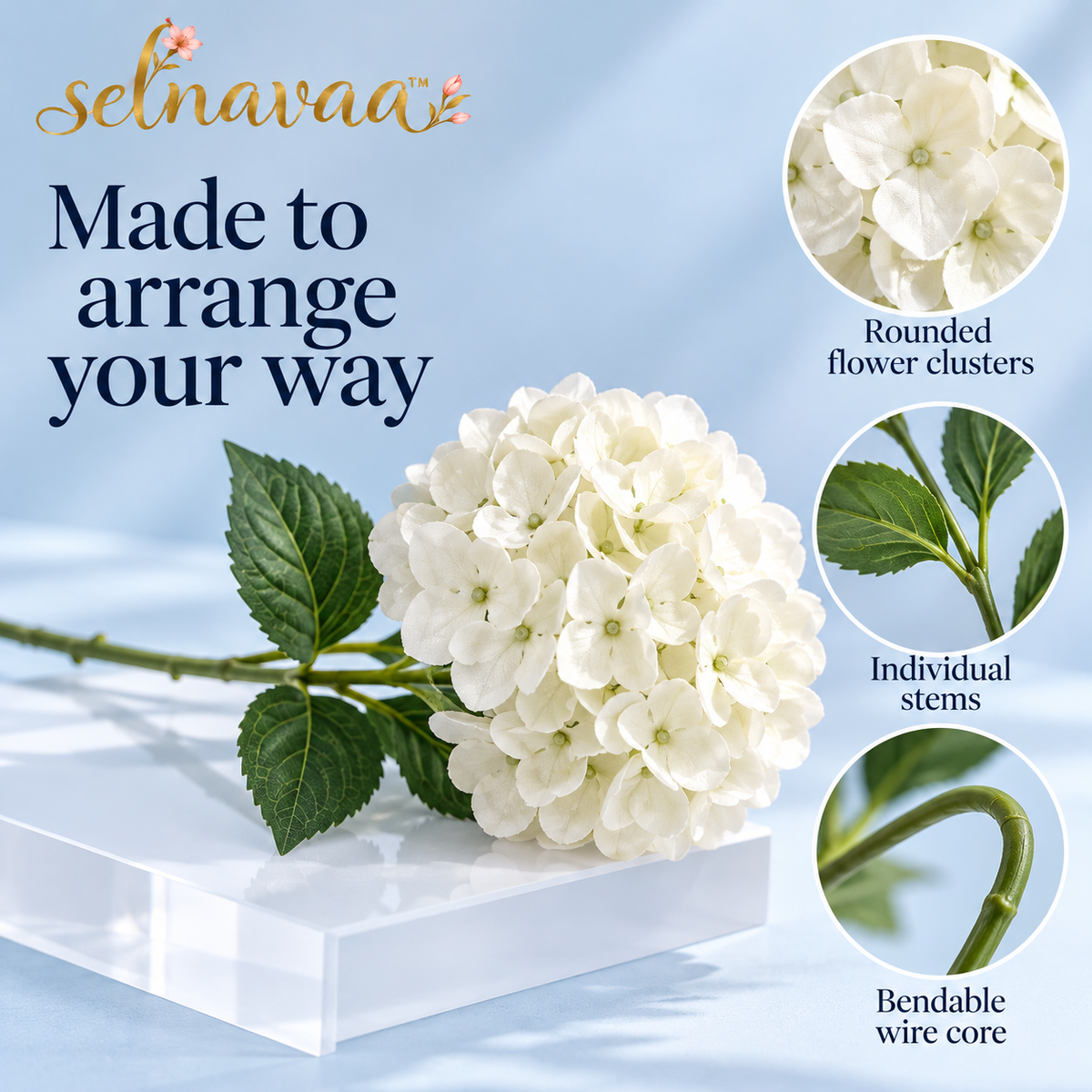 selnavaa™ CloudPetal Artificial Hydrangea Stems, Set of 6 Faux Flowers for Large Vase Arrangements & Table Centerpieces