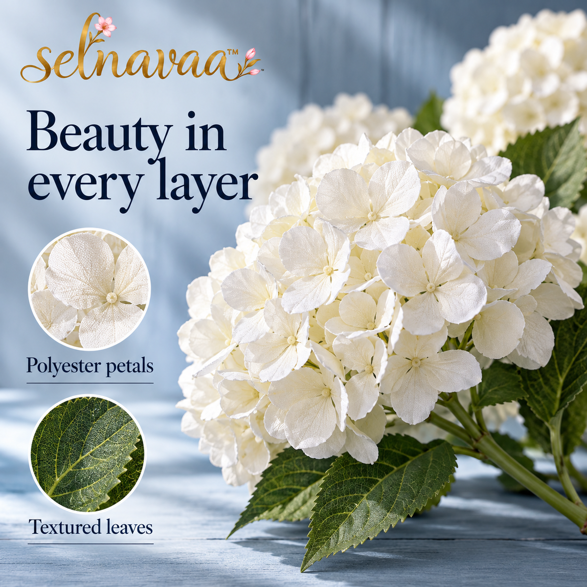 selnavaa™ CloudPetal Artificial Hydrangea Stems, Set of 6 Faux Flowers for Large Vase Arrangements & Table Centerpieces