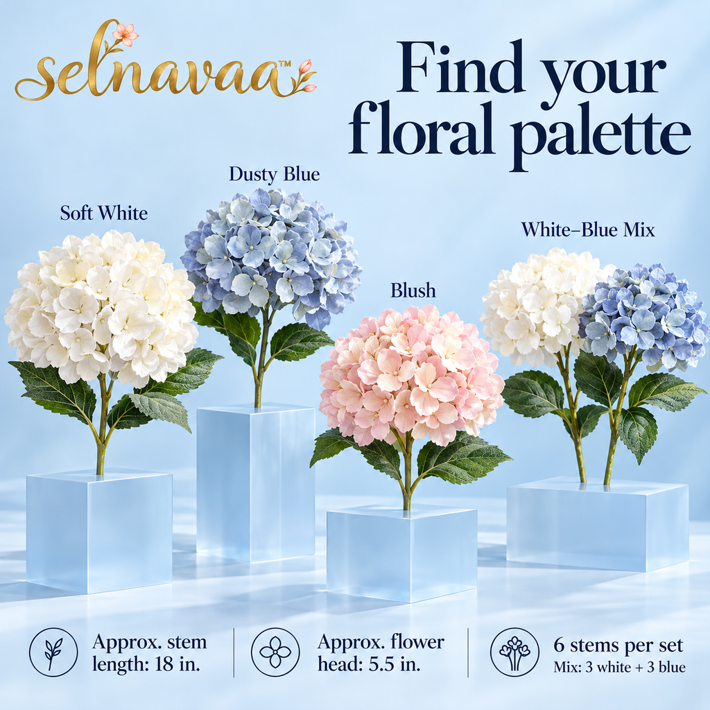 selnavaa™ CloudPetal Artificial Hydrangea Stems, Set of 6 Faux Flowers for Large Vase Arrangements & Table Centerpieces