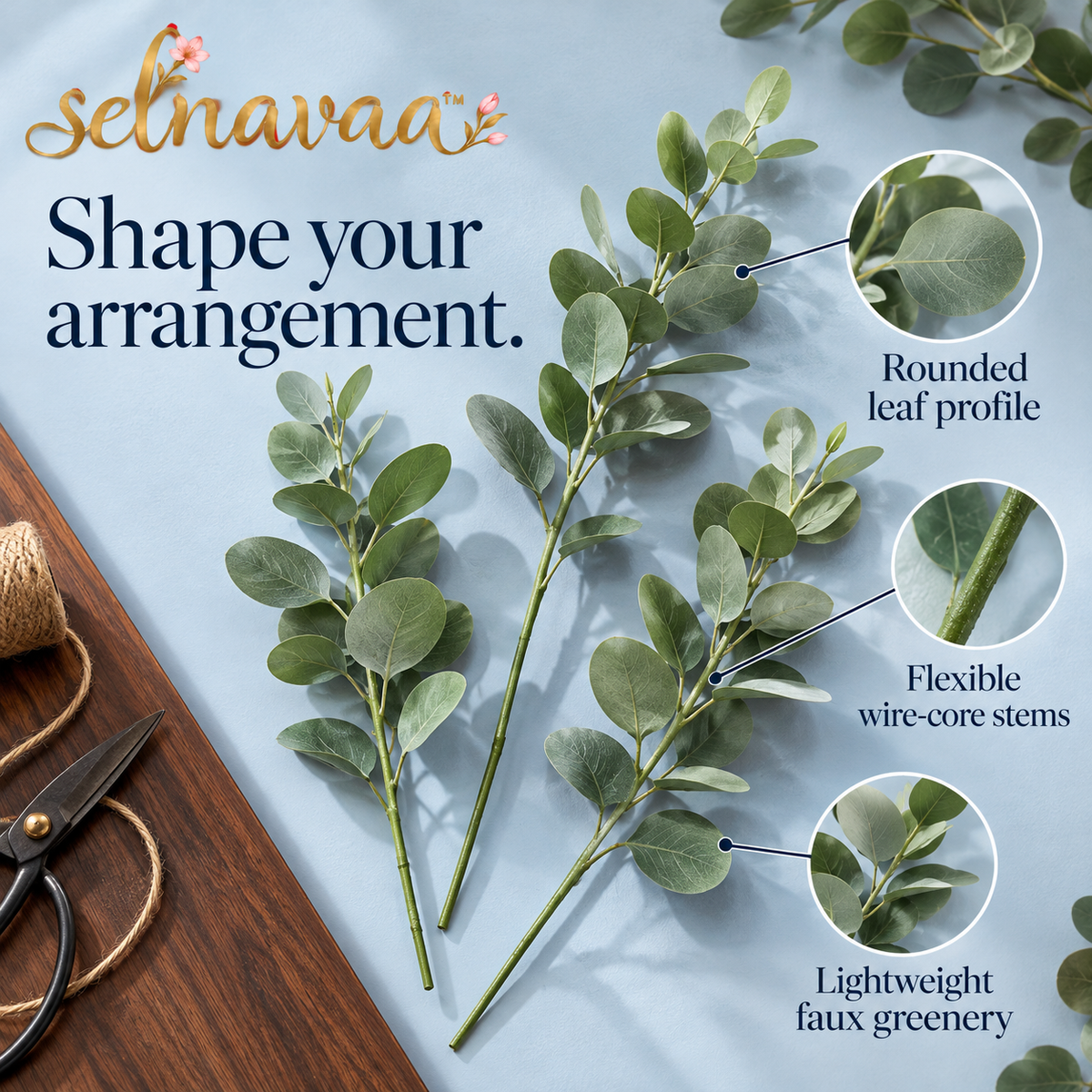 selnavaa™ LeafLayer Artificial Eucalyptus Stems, 20-Piece Faux Greenery Set for Vase Fillers, Bouquets & Wedding Decor