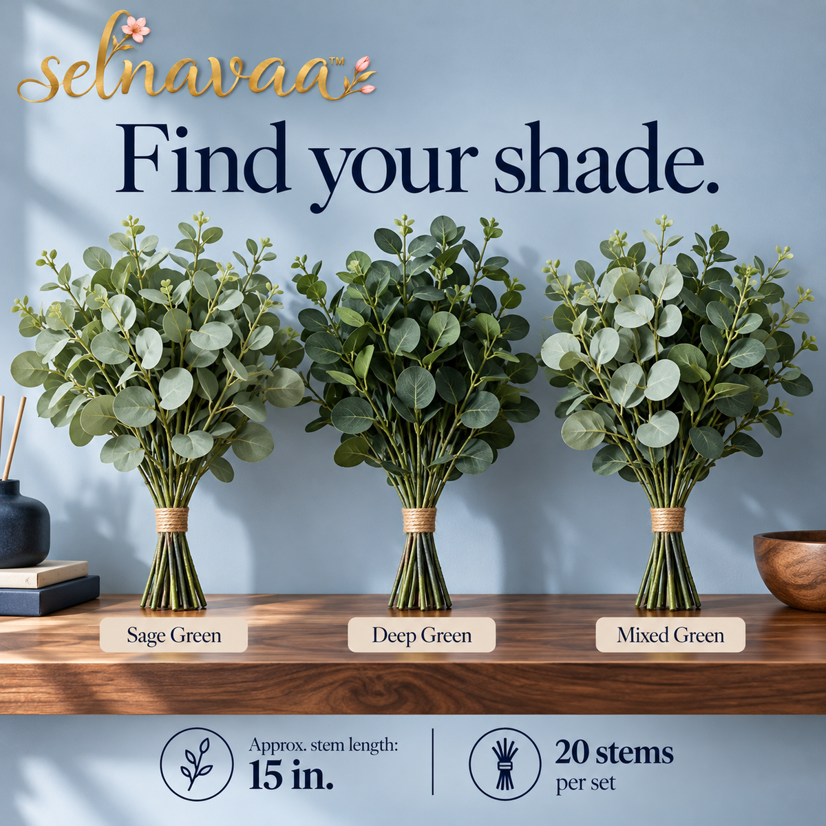 selnavaa™ LeafLayer Artificial Eucalyptus Stems, 20-Piece Faux Greenery Set for Vase Fillers, Bouquets & Wedding Decor