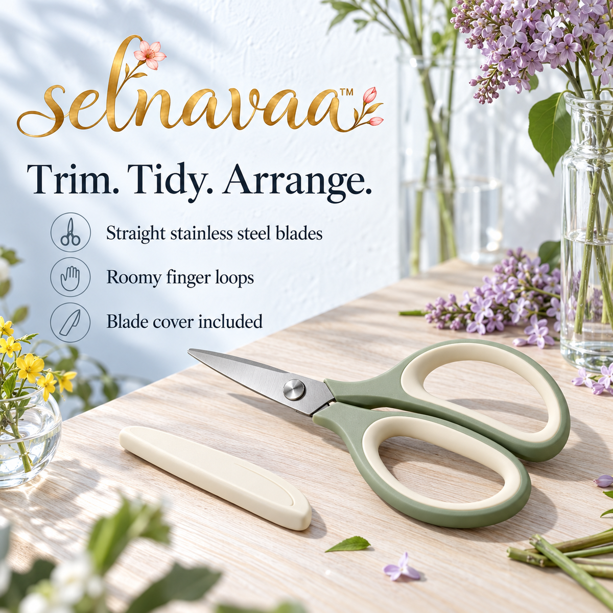 selnavaa™ StemEdit Floral Scissors, 7-Inch Stainless Steel Flower Shears with Blade Cover for Bouquet Prep & Herb Trimming