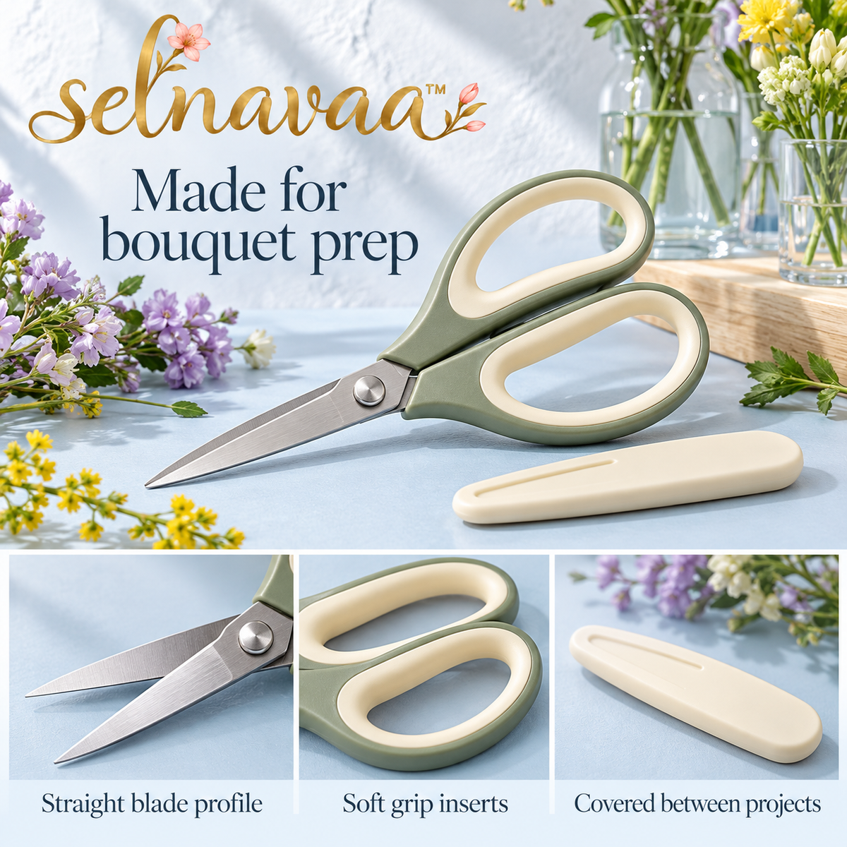 selnavaa™ StemEdit Floral Scissors, 7-Inch Stainless Steel Flower Shears with Blade Cover for Bouquet Prep & Herb Trimming