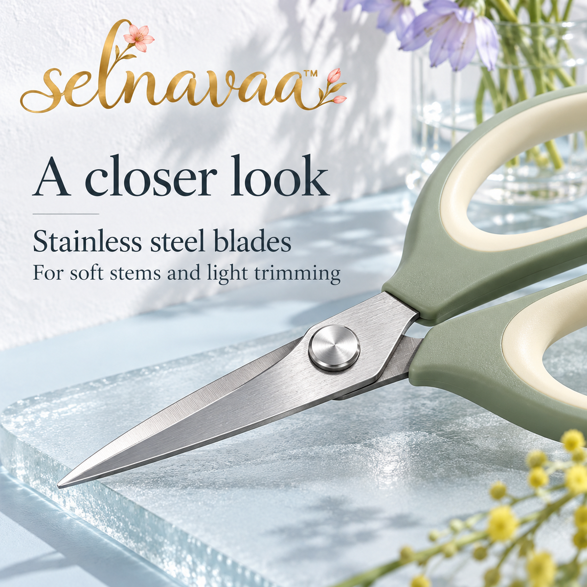 selnavaa™ StemEdit Floral Scissors, 7-Inch Stainless Steel Flower Shears with Blade Cover for Bouquet Prep & Herb Trimming
