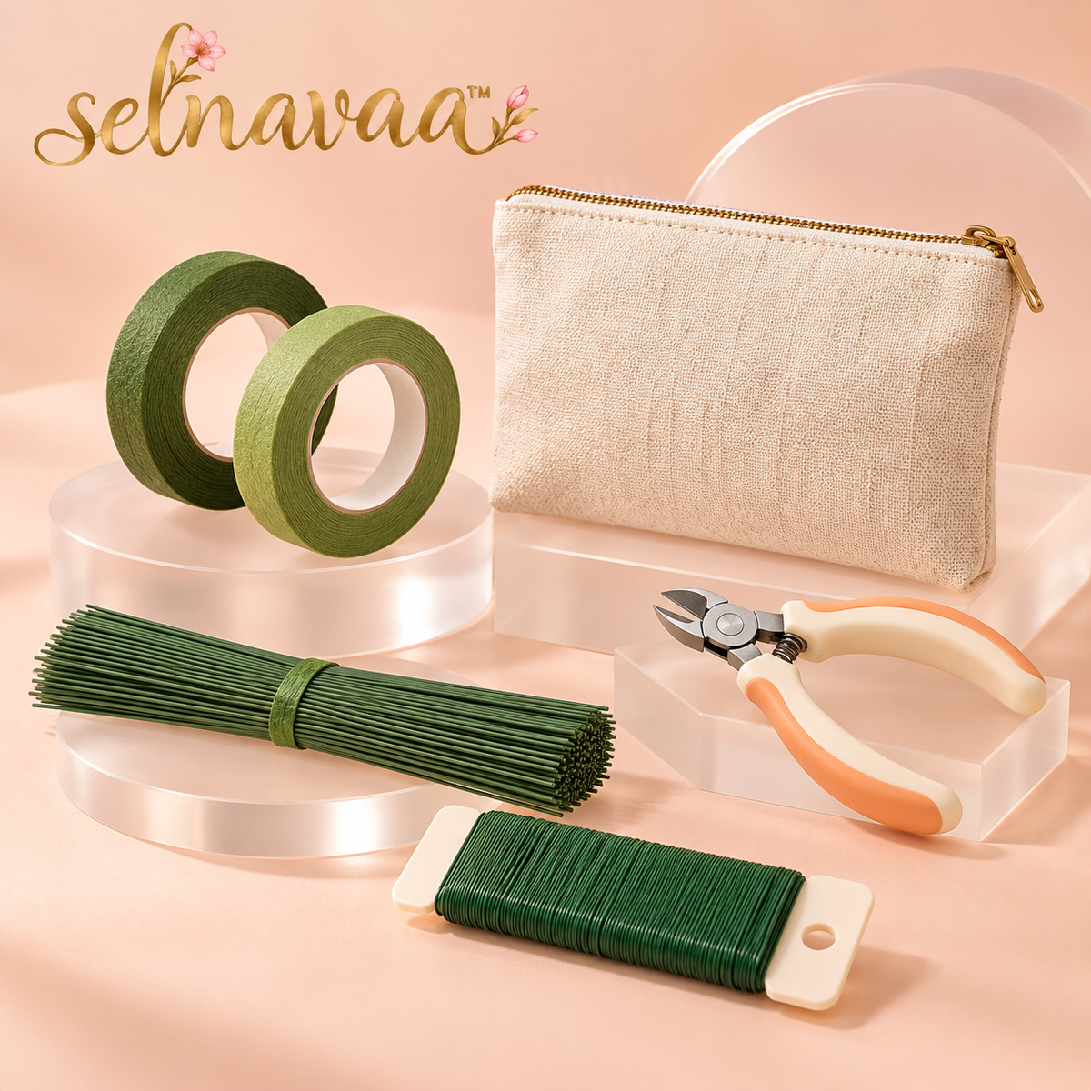 selnavaa™ BouquetBuild Floral Tape and Wire Kit with Cutter, Flower Arranging Supplies for Bouquets, Boutonnieres & Wreath Making