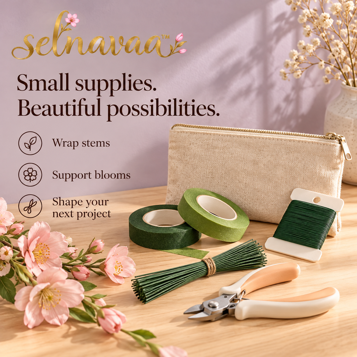 selnavaa™ BouquetBuild Floral Tape and Wire Kit with Cutter, Flower Arranging Supplies for Bouquets, Boutonnieres & Wreath Making