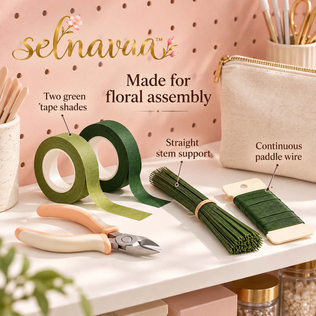 selnavaa™ BouquetBuild Floral Tape and Wire Kit with Cutter, Flower Arranging Supplies for Bouquets, Boutonnieres & Wreath Making