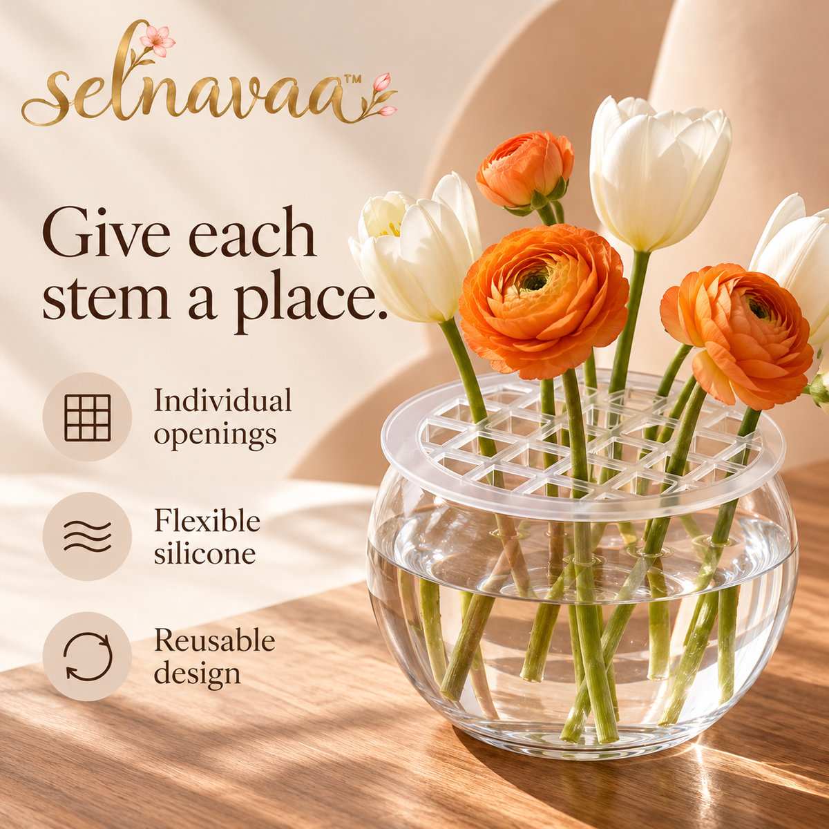 selnavaa™ BloomGuide Silicone Flower Arranging Grid Set of 3, Reusable Vase Stem Holders for Bouquets & Table Centerpieces