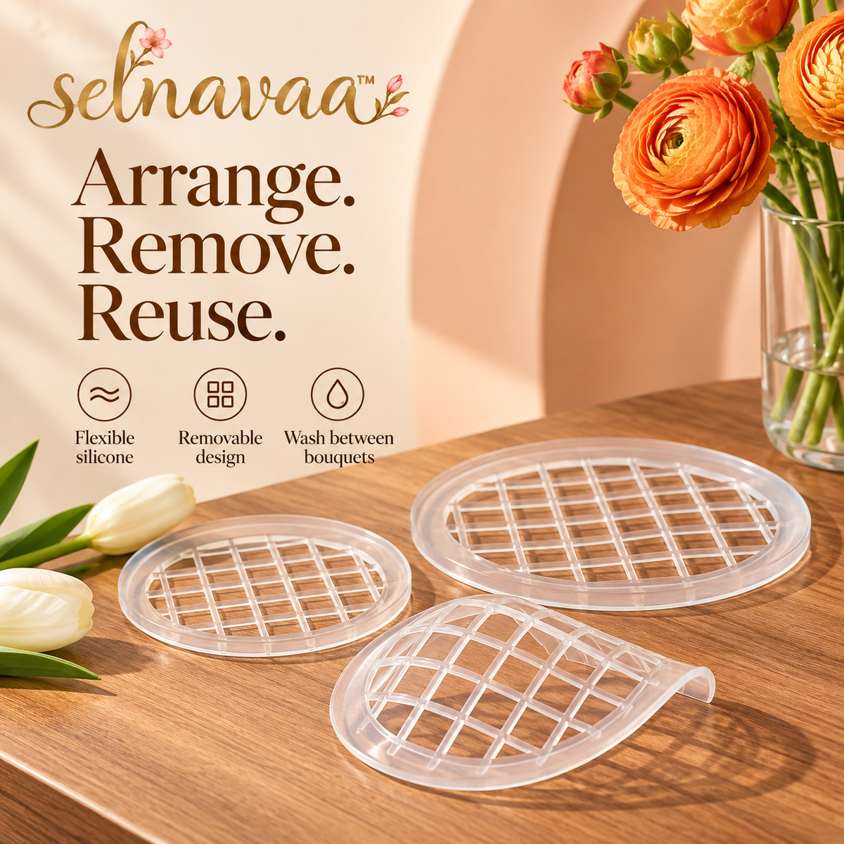 selnavaa™ BloomGuide Silicone Flower Arranging Grid Set of 3, Reusable Vase Stem Holders for Bouquets & Table Centerpieces