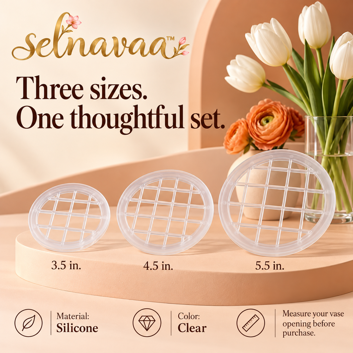 selnavaa™ BloomGuide Silicone Flower Arranging Grid Set of 3, Reusable Vase Stem Holders for Bouquets & Table Centerpieces