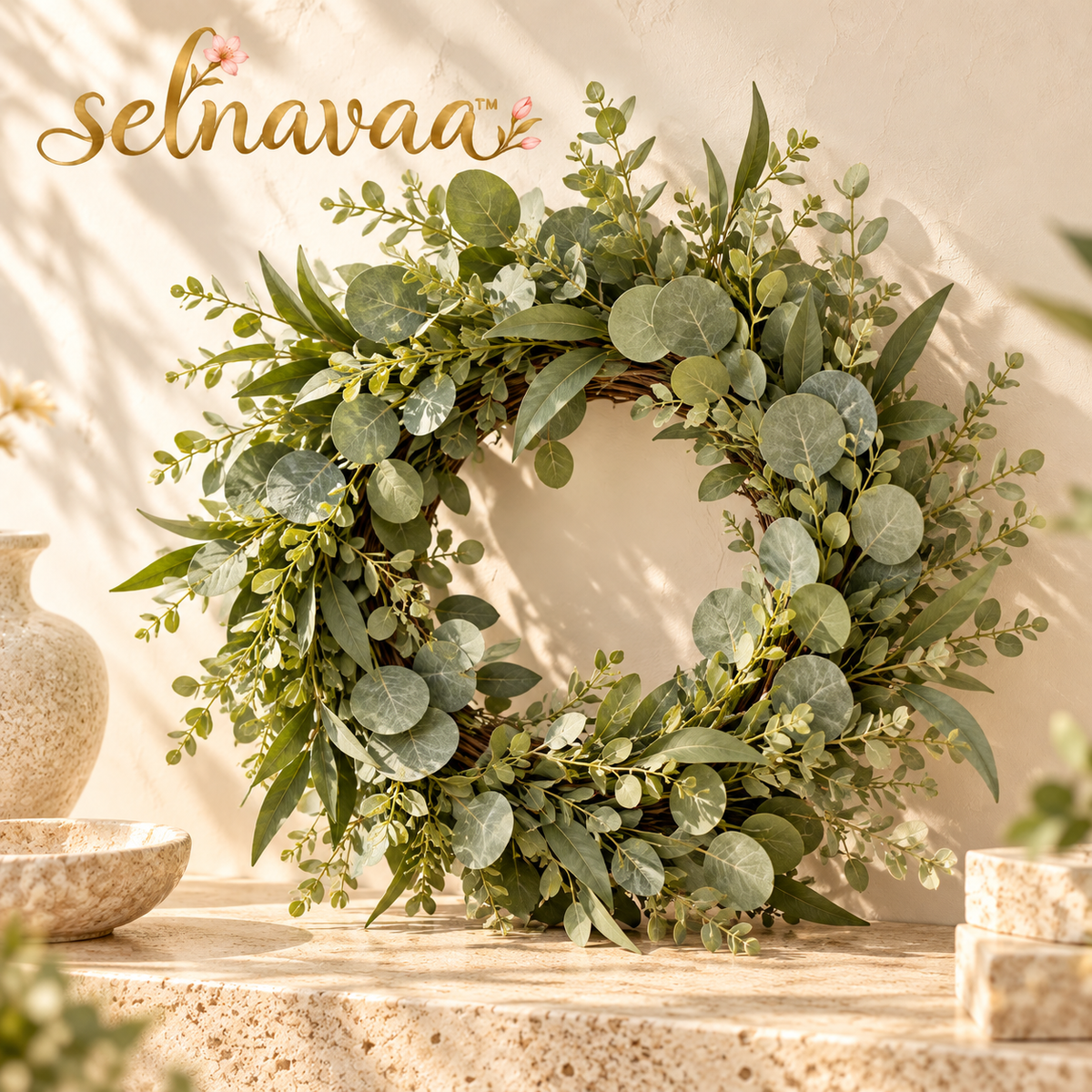 selnavaa™ QuietLeaf Artificial Eucalyptus Wreath, 20-Inch Greenery Door Wreath for Entryways, Walls & Covered Porch Decor