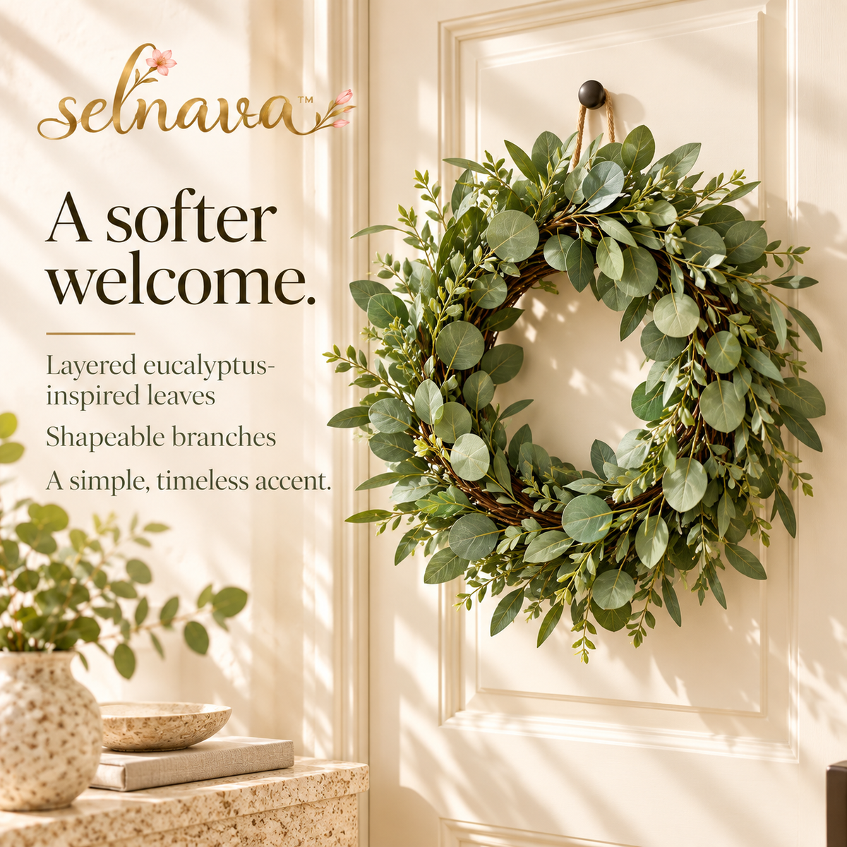 selnavaa™ QuietLeaf Artificial Eucalyptus Wreath, 20-Inch Greenery Door Wreath for Entryways, Walls & Covered Porch Decor