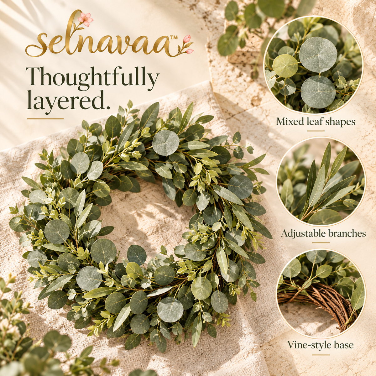 selnavaa™ QuietLeaf Artificial Eucalyptus Wreath, 20-Inch Greenery Door Wreath for Entryways, Walls & Covered Porch Decor
