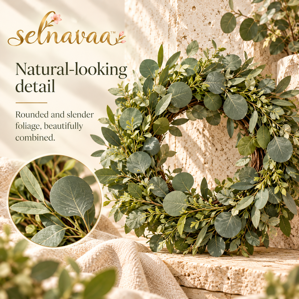 selnavaa™ QuietLeaf Artificial Eucalyptus Wreath, 20-Inch Greenery Door Wreath for Entryways, Walls & Covered Porch Decor