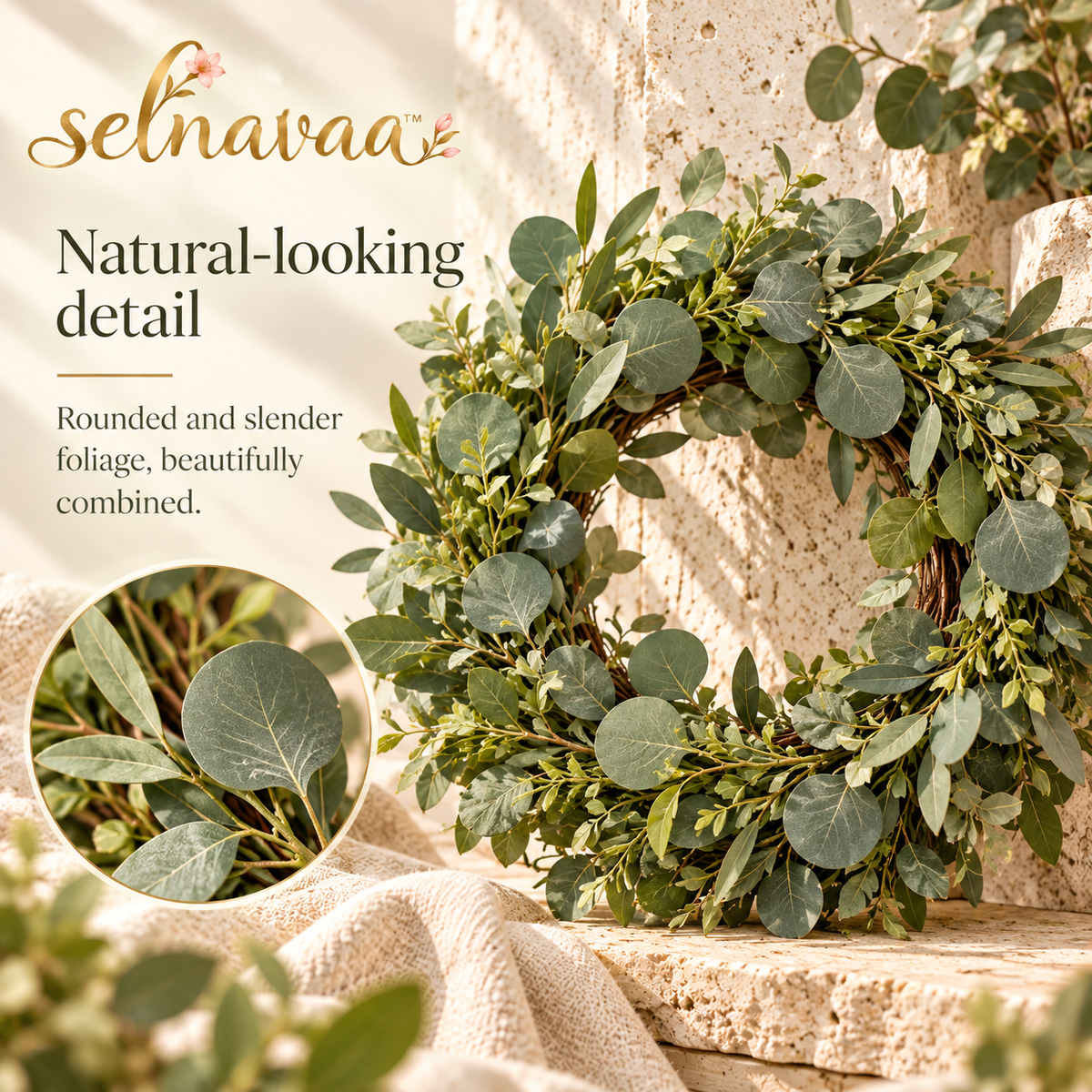 selnavaa™ QuietLeaf Artificial Eucalyptus Wreath, 20-Inch Greenery Door Wreath for Entryways, Walls & Covered Porch Decor