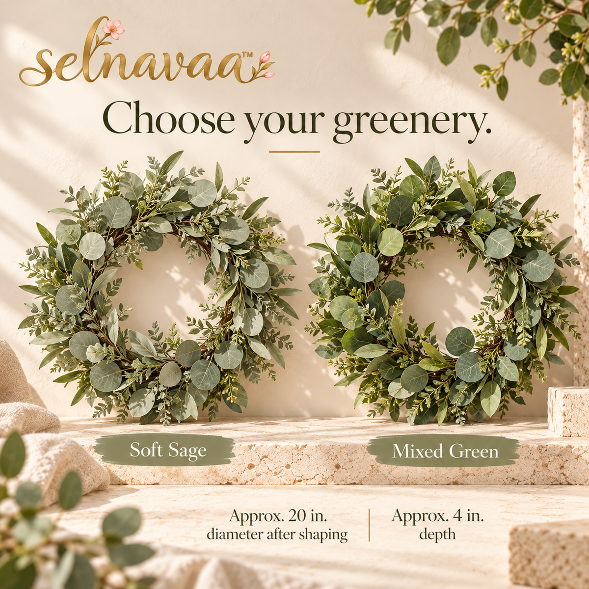 selnavaa™ QuietLeaf Artificial Eucalyptus Wreath, 20-Inch Greenery Door Wreath for Entryways, Walls & Covered Porch Decor