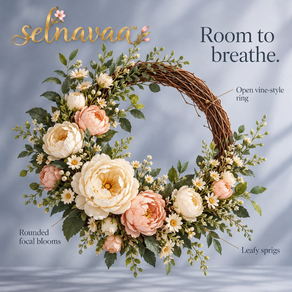 selnavaa™ MeadowArc Artificial Floral Wreath, 20-Inch Asymmetric Flower Door Decor with Faux Blooms & Greenery