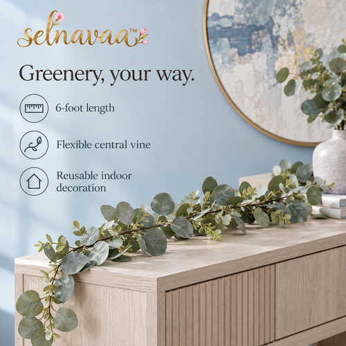 selnavaa™ TableTrail Artificial Eucalyptus Garland, 6-Foot Faux Greenery Runner for Dining Tables, Shelves & Wedding Decor