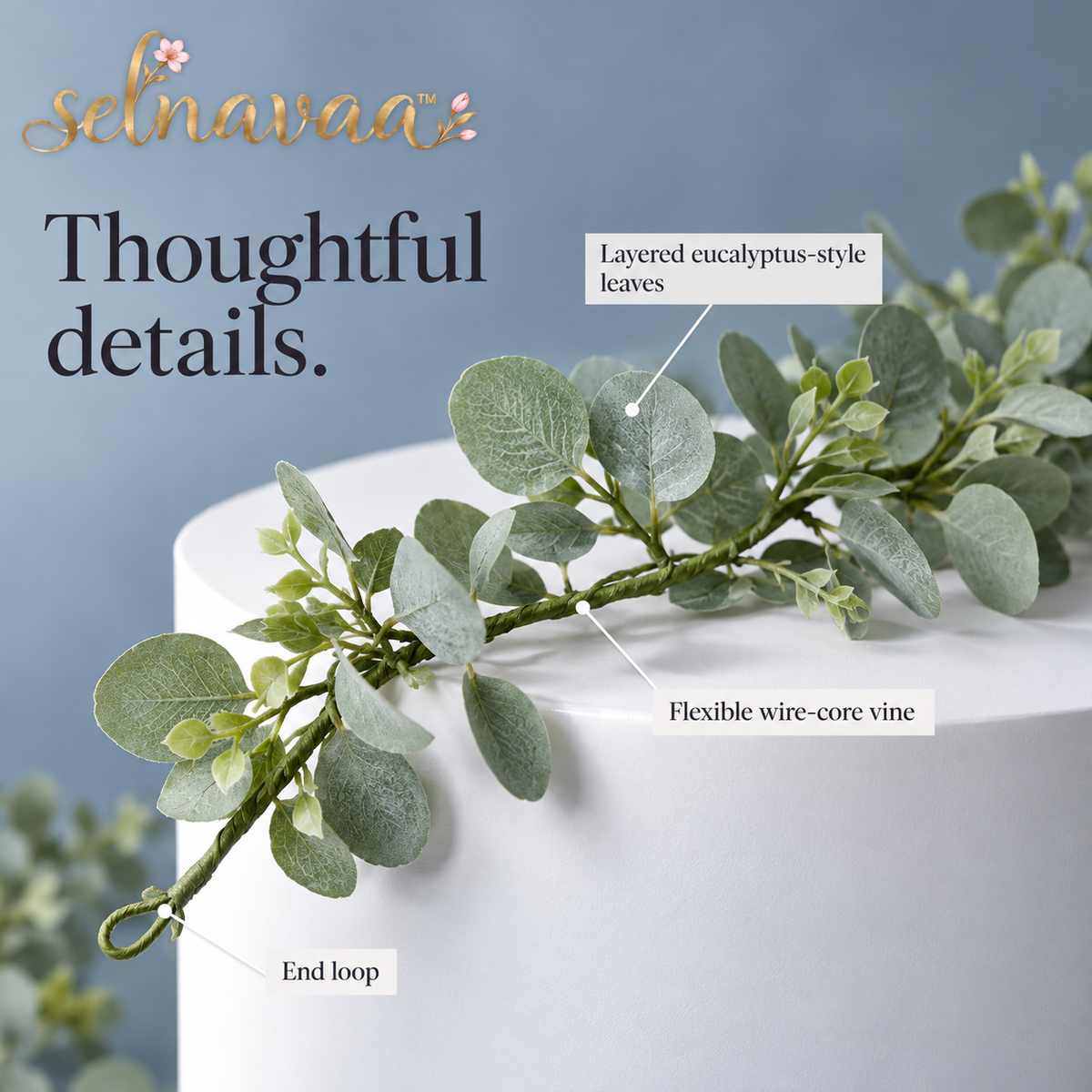 selnavaa™ TableTrail Artificial Eucalyptus Garland, 6-Foot Faux Greenery Runner for Dining Tables, Shelves & Wedding Decor