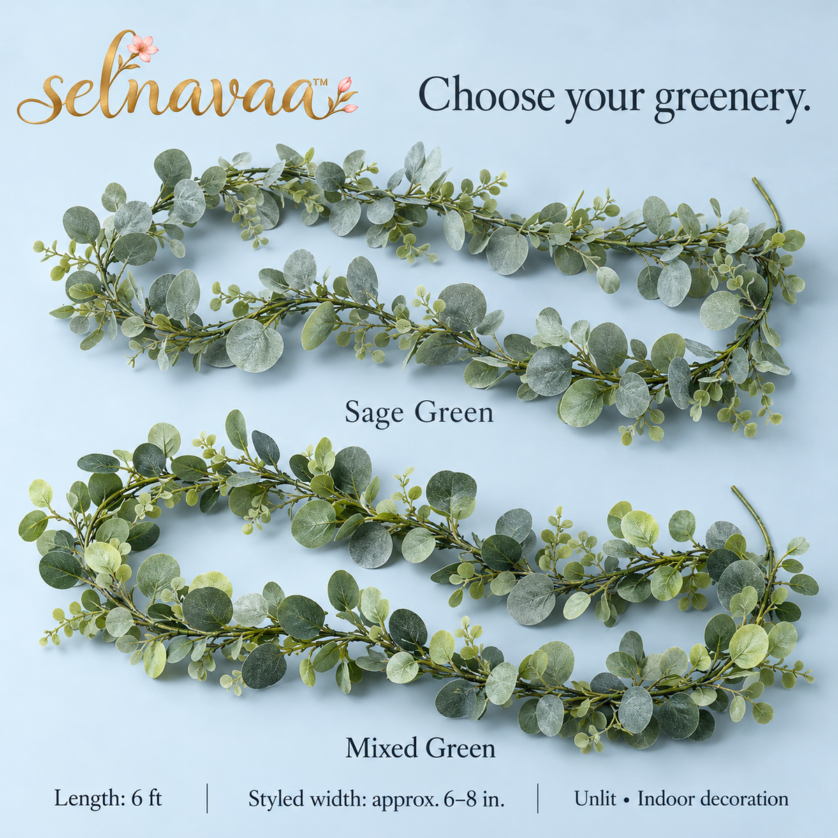 selnavaa™ TableTrail Artificial Eucalyptus Garland, 6-Foot Faux Greenery Runner for Dining Tables, Shelves & Wedding Decor