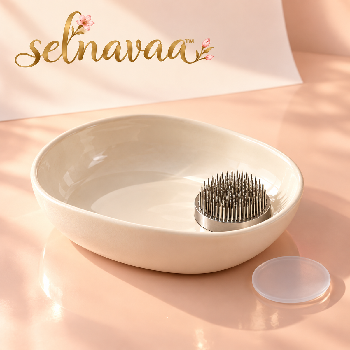 selnavaa™ StillBloom Ceramic Ikebana Bowl with Pin Flower Frog, Shallow Floral Arrangement Vessel for Table Centerpieces