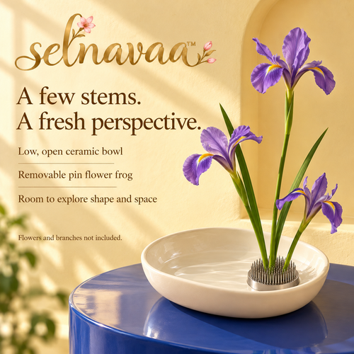 selnavaa™ StillBloom Ceramic Ikebana Bowl with Pin Flower Frog, Shallow Floral Arrangement Vessel for Table Centerpieces