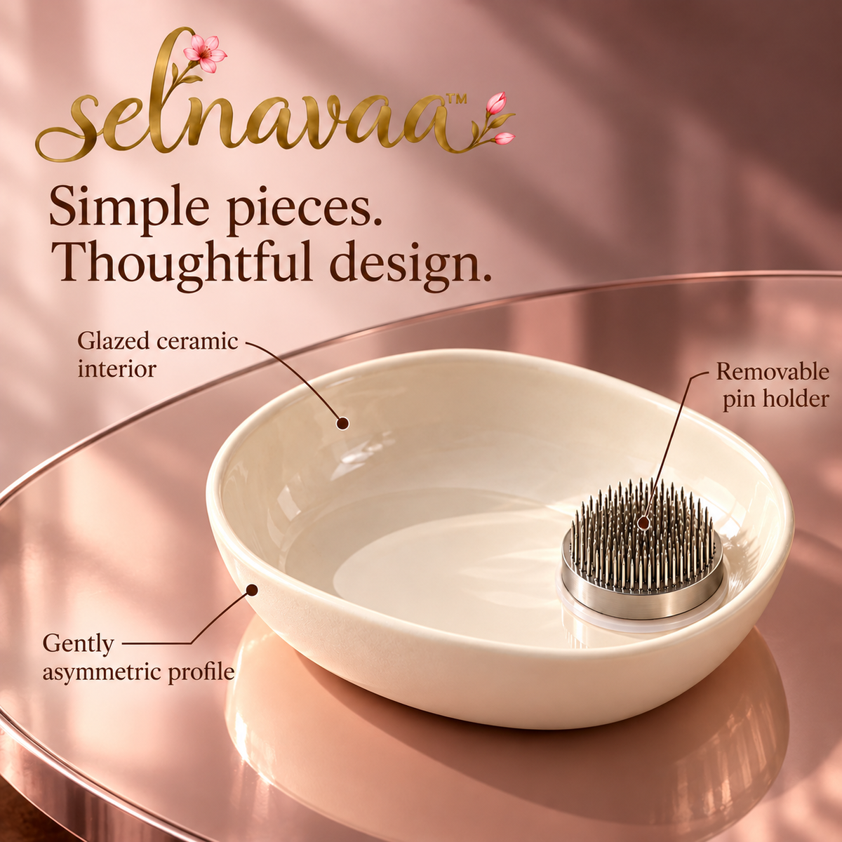 selnavaa™ StillBloom Ceramic Ikebana Bowl with Pin Flower Frog, Shallow Floral Arrangement Vessel for Table Centerpieces