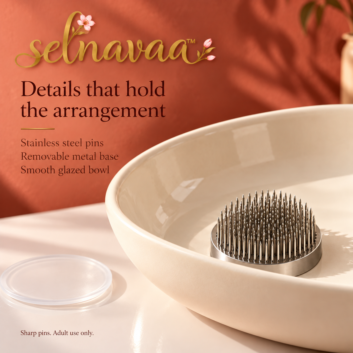 selnavaa™ StillBloom Ceramic Ikebana Bowl with Pin Flower Frog, Shallow Floral Arrangement Vessel for Table Centerpieces