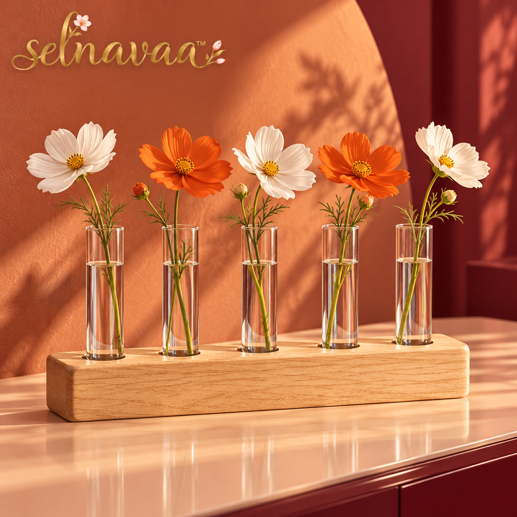 selnavaa™ StemGallery Wooden Stand with 5 Glass Bud Tubes, Tabletop Flower Vase Holder for Single Stems & Small Cuttings