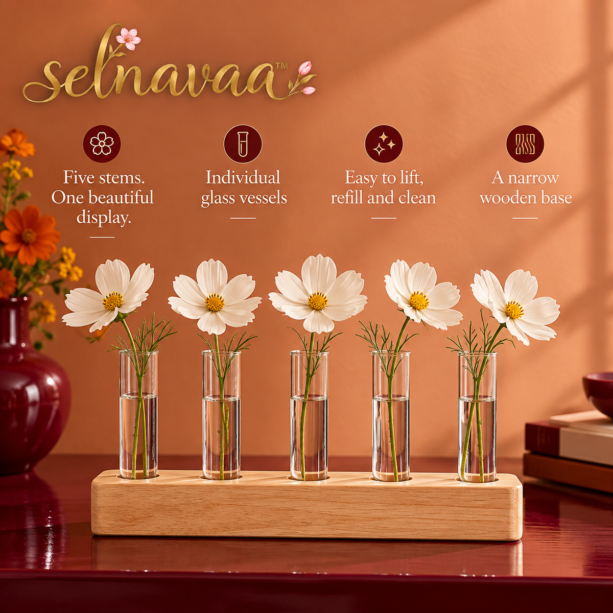 selnavaa™ StemGallery Wooden Stand with 5 Glass Bud Tubes, Tabletop Flower Vase Holder for Single Stems & Small Cuttings